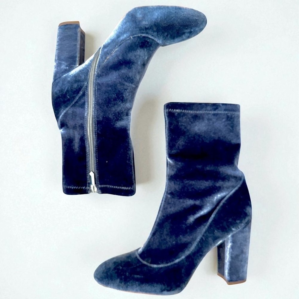 Sam Edelman Blue Velvet Ankle Boots Size 9 | Block Heel Sock Booties